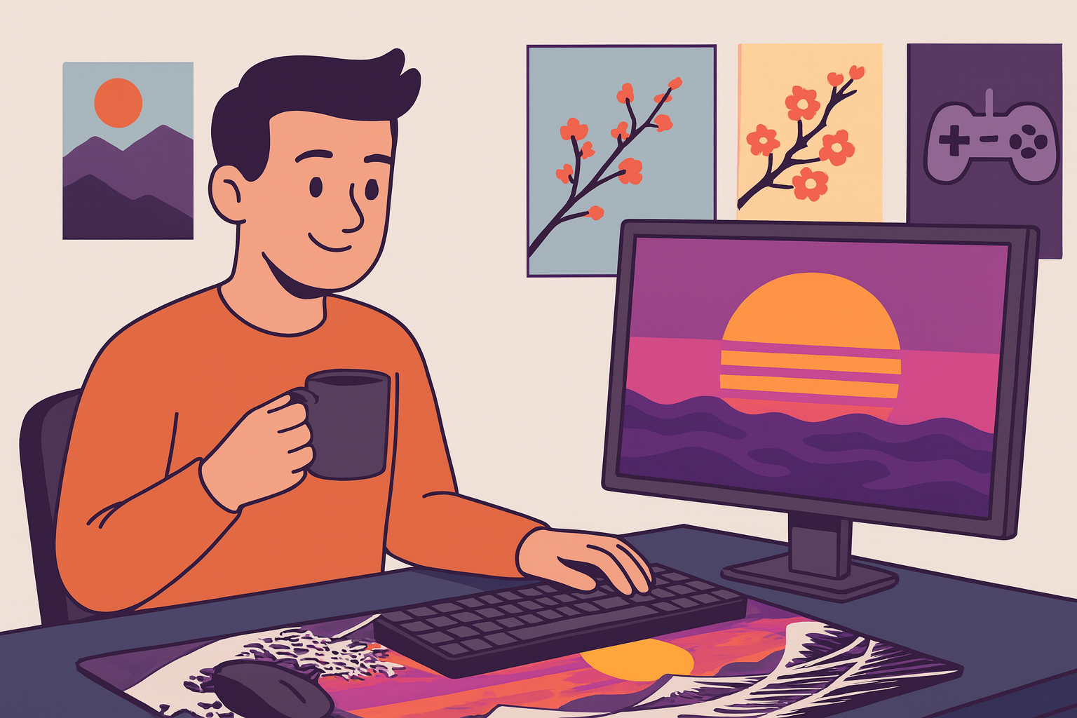 Illustration of a modern desk setup with a Mopadz extended desk mat, computer, and minimalist accessories representing the origin story of Mopadz
